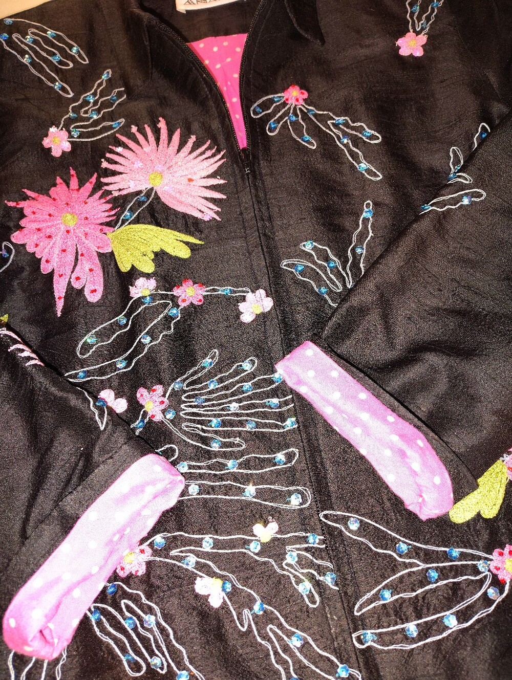 ANAGE 100% Silk Embroidered Floral Zip Jacket - Small - Black/Pink Boho Luxe - Picture 11 of 13